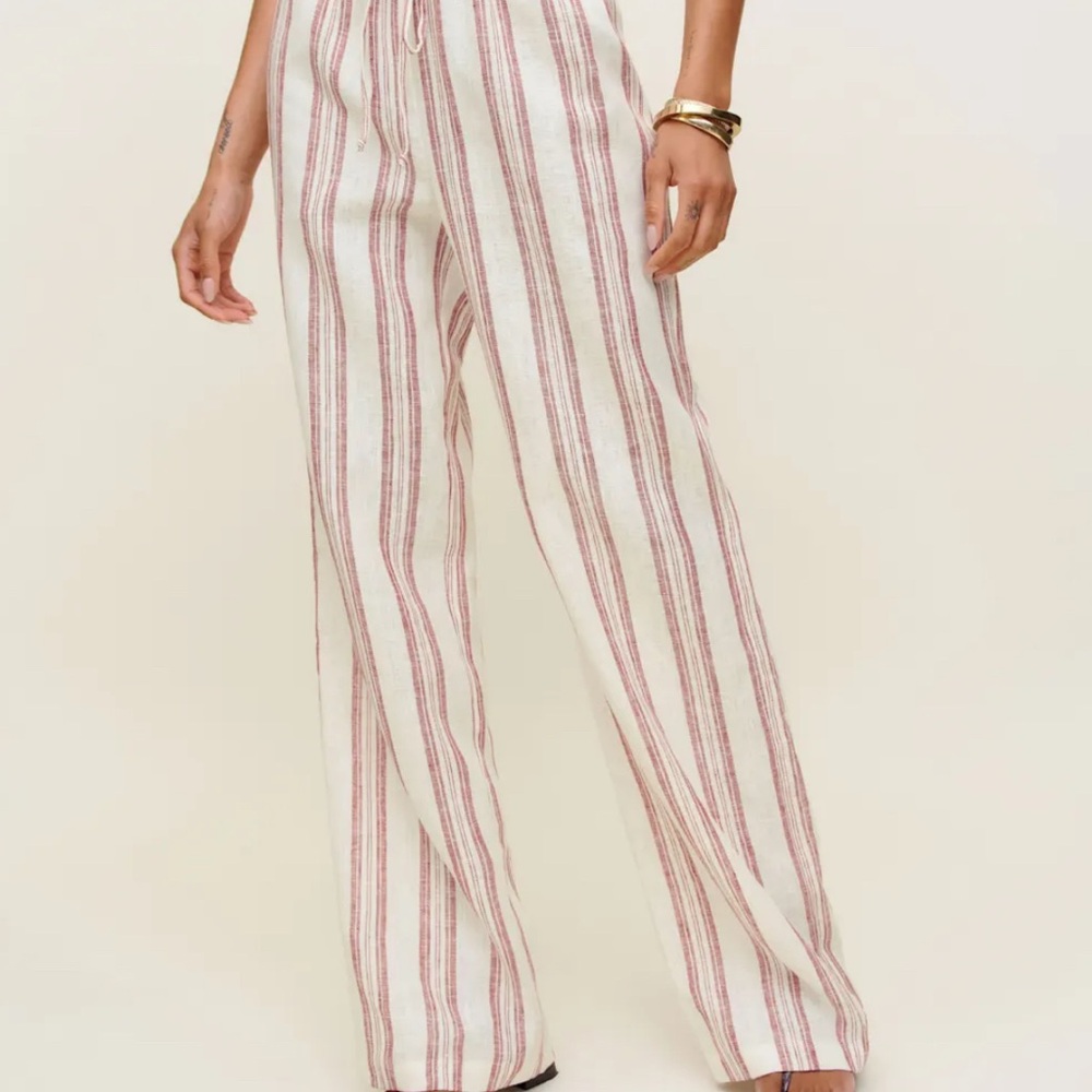Reformation Red and Cream Striped Olina Linen Wide Leg Pants